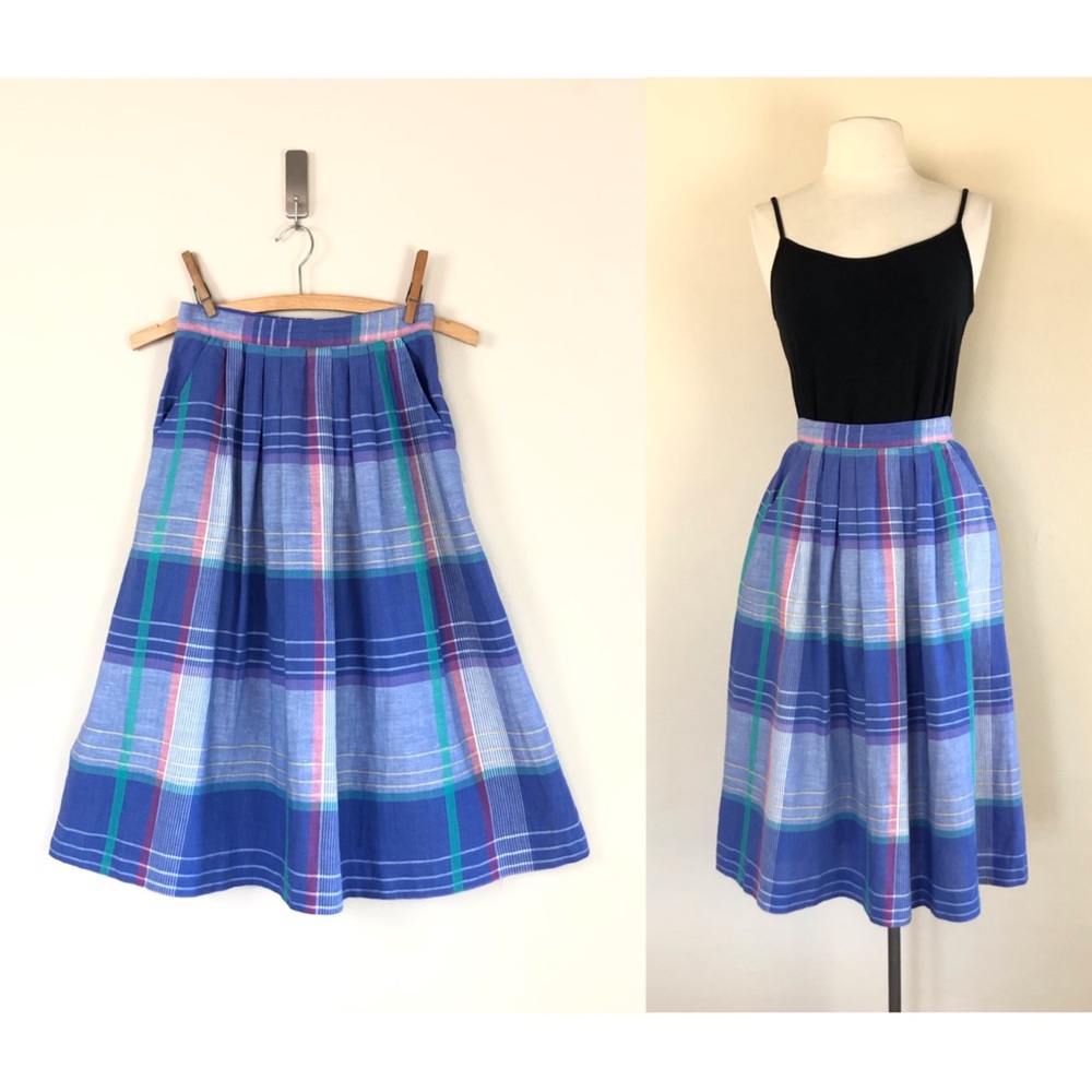 vintage plaid cornflower blue full skirt 50s pastel plaid linen skirt mod boho